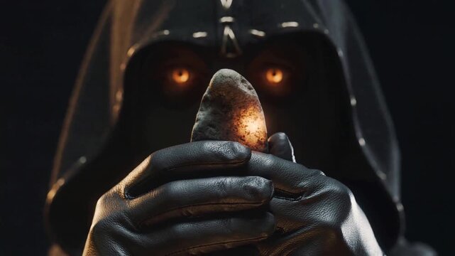 Cradling hooded figure lifting glowing stone as artifact glowing in dark chamber, eyes appearing