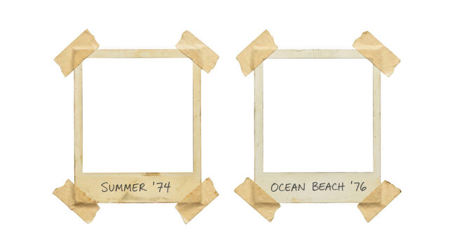 Set of two vintage instant photo frames with tape isolated on transparent background