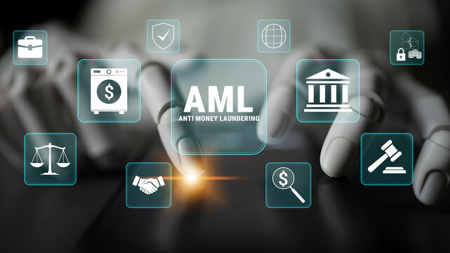Conceptual visualization of Anti Money Laundering AML featuring digital icons representing finance, law, banking, security, and compliance processes in a modern workspace.. Glyphic.