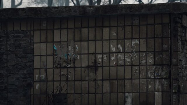 A large brick wall stands in a poorly lit setting. The surface shows patches of peeling paint and faded stickers. Surrounding trees create a somber atmosphere, suggesting an abandoned space.
