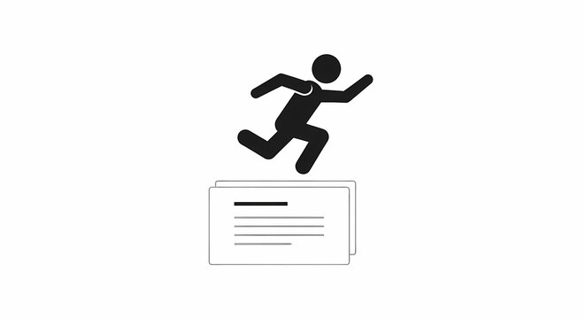 Dynamic stick figure sprinting over a stack of information cards, abstractly symbolizing rapid progress, efficient task management, and agile challenge resolution