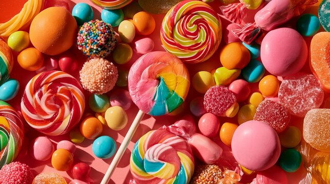 Vibrant candy assortment arranged close together, showcasing swirls, spheres, and textured surfaces, ideal for festive backgrounds or sweet treats concept