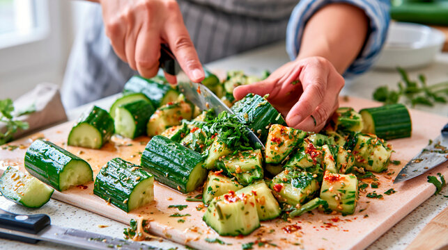 Person preparing spicy cucumber salad with fresh herbs and seasoning on a cutting board in a home kitchen