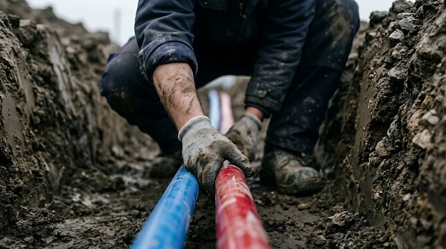 Subterranean utility pipeline installation with technician connecting blue and red conduits inside deep trench on construction field during heavy duty labor.
