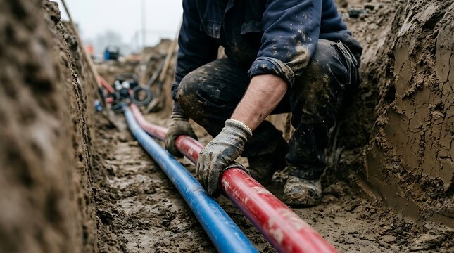 Underground utility worker installing red and blue conduit pipes inside muddy ground trench along infrastructure development zone during daylight operations.