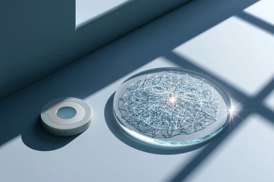 Abstract still life featuring a transparent acrylic panel with geometric face mesh visualization and a circular camera module on a minimalist surface with soft shadows