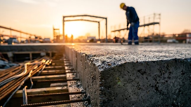 Solid poured concrete slab edge beside reinforcing steel bars on modern building foundation site with blurred construction laborer working during sunrise dusk.