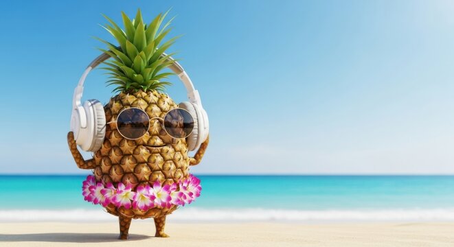 Funny pineapple character wearing sunglasses and headphones on a tropical beach