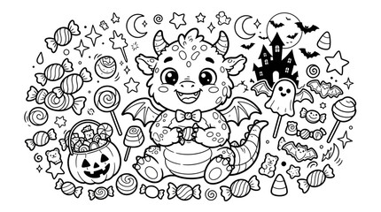 Fototapeta premium Cute Dragon Halloween Coloring Page with Candy and Spooky Elements