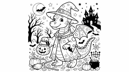 Fototapeta premium Cute Dragon Witch Costume Trick-or-Treat Halloween Coloring Page