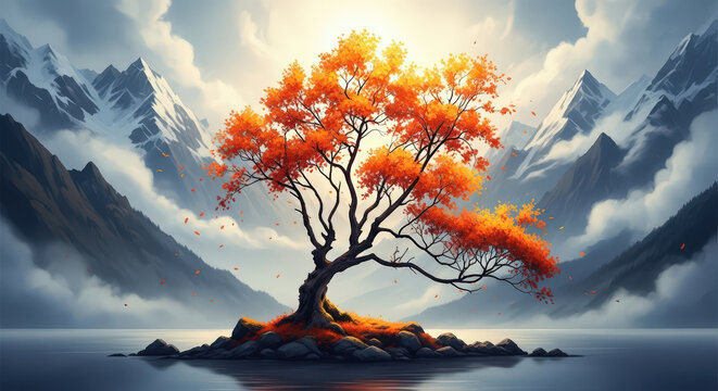 Autumnal Tree Tranquil Lake Scenery Mountains Snowy Peaks Reflections Calm Water Peaceful Beautiful Majestic Nature Landscape