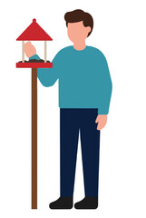 Fototapeta premium Hand-drawn vector illustration of a smiling man in a teal sweater standing beside a wooden post topped with a charming red bird feeder filled with seeds, perfect for nature and hobby designs