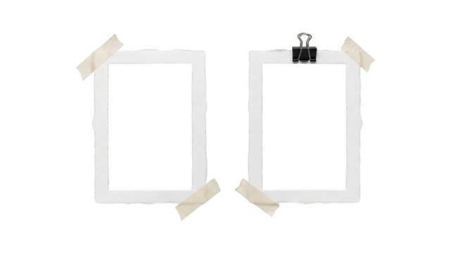 Set of two torn paper frames with tape and binder clip isolated on transparent background