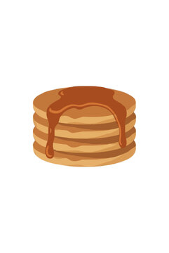 Hand-traced vector illustration of a delicious stack of fluffy pancakes drizzled with rich golden maple syrup dripping down the sides, isolated on a white background, perfect for breakfast menus and