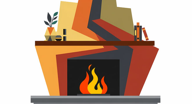 Modern stylized fireplace with geometric abstract pattern and warm fire flames illustration