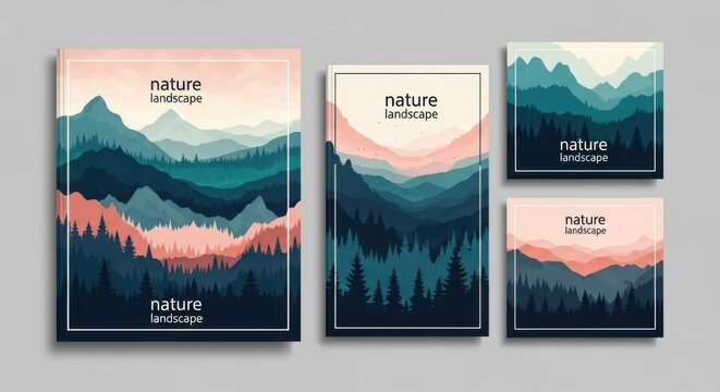 Set of nature landscape posters with mountains and pine forest in flat vector style