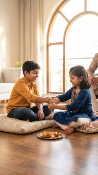 Happy siblings celebrating Indian festival at home