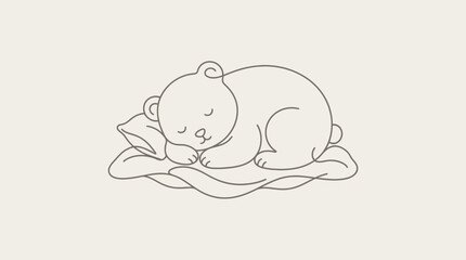 Cute Sleeping Bear Cub Lying on Pillow, Minimalist Line Art, Baby Animal Rest © Rizky