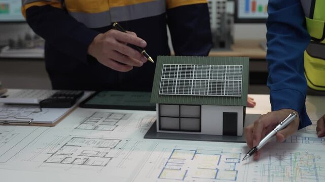 A close-up shot of an architect and a civil engineer discussing blueprints and a house model in an office at night.