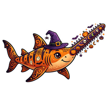 Cute Halloween Sawfish Clipart with Witch Hat and Pumpkin Decorations