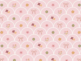 Cute pink fish scale scallop pattern with retro small flowers and ribbons, coquette aesthetic seamless background © Valdista