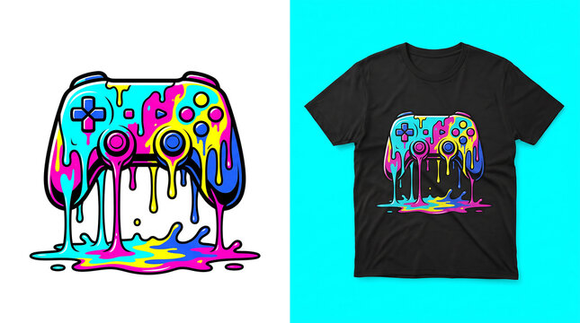 Colorful melting video game controller design on t-shirt.