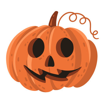 Cute Halloween jack-o-lantern with carved eyes, nose and a wide spooky smile. Playful flat illustration for Halloween parties, autumn decorations, children and holiday designs.