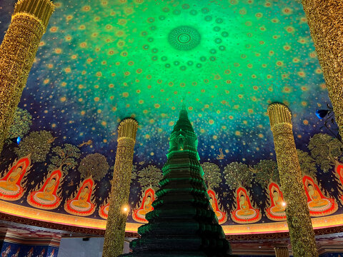 Interior of Wat Paknam Phasi Charoen with Emerald Green Dome, Bangkok, Thailand
