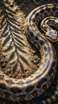 Patterned brown snake slithering on dry dirt with palm shadow