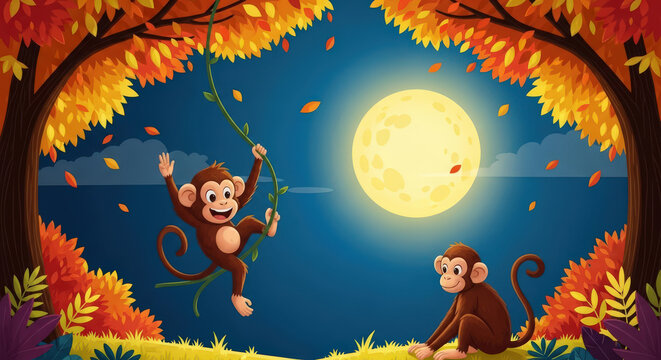 Cheerful Monkeys Playing Under Moonlit Autumn Trees Cartoon Illustration Joyful Jungle Scene Animal Friends Hanging Vines