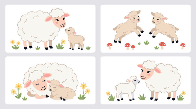 Cute cartoon sheep and lamb vector set featuring mother ewe with baby lambs jumping playing sleeping and standing in spring flower meadow