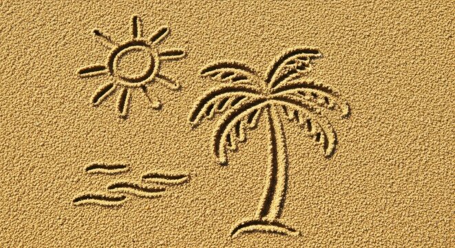Sun, palm tree and waves drawn in the sand on a tropical beach