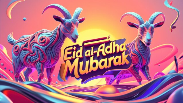 Eid al Adha Mubarak greeting banner with colorful stylized goats ornate horns and vibrant festive sunset background