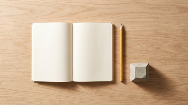 Minimalist organized desk setup with blank notebook and yellow pencil