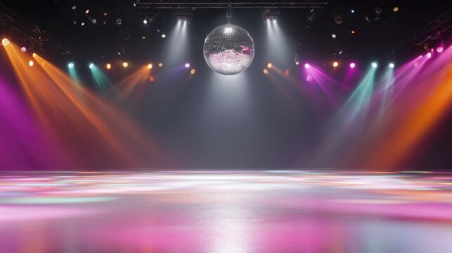 Vibrant dance floor with disco ball and colorful lights in modern nightclub