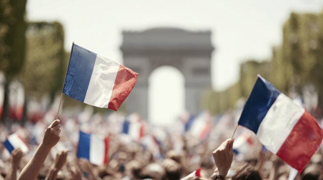 Celebratory crowd waving French flags at in Paris daylight