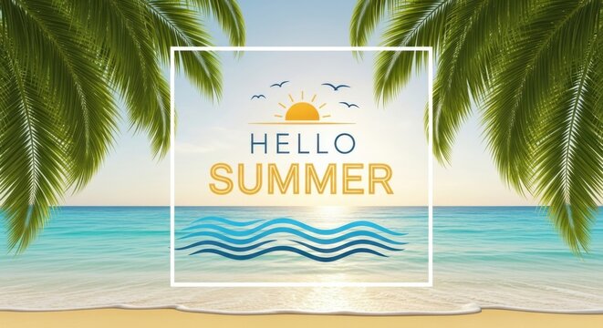 Hello summer text sign with waves and sun over tropical beach background framed by palm leaves