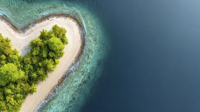 Heart-shaped island with lush greenery surrounded by azure ocean waters