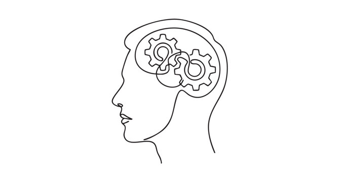 Minimalist continuous line art drawing of a human head silhouette featuring interlocking gears inside the brain representing cognitive thinking