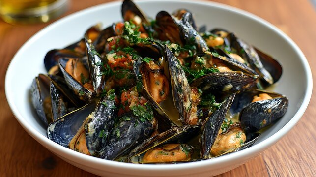 Steamed mussels simmer in a vibrant tomato sauce, garnished with fresh herbs, arranged on a white plate, perfect concept for culinary and seafood dishes