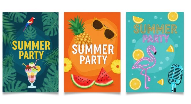 Set of three summer party posters with tropical elements