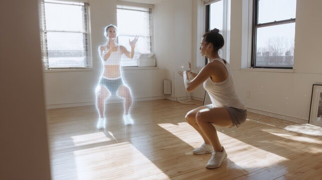 Augmented reality fitness: woman exercising with virtual hologram trainer in modern home gym