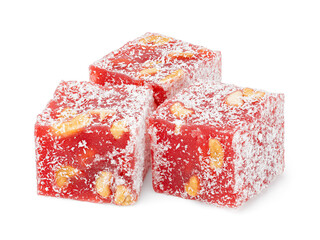 Fototapeta premium Turkish delight cubes with nuts and coconut flakes isolated on white background. Rahat lokum close up. Dessert