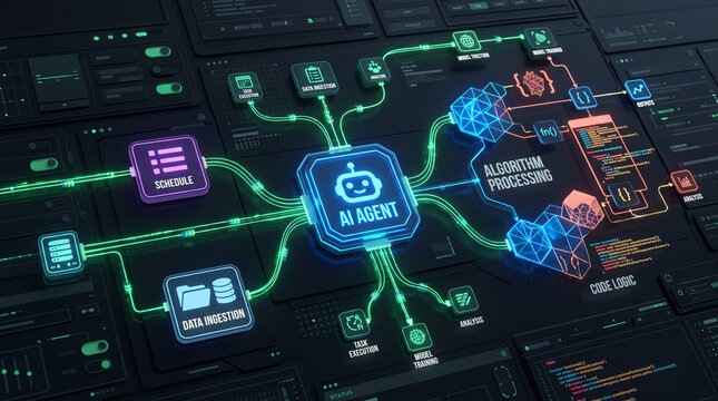 Digital interface with glowing lines connecting AI agent to tasks like data ingestion, analysis, and code logic, symbolizing intelligent automation and machine learning processes.