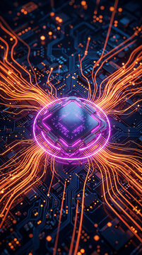 Central processor with glowing neon ring, surrounded by illuminated circuit board pathways, symbolizing data flow and technological innovation