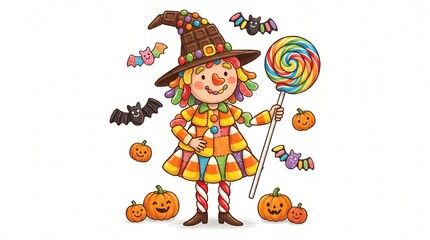 Naklejka premium Candy corn witch character illustration, cute Halloween girl with giant lollipop. Whimsical autumn scarecrow mascot with pumpkins and bats, festive seasonal art.