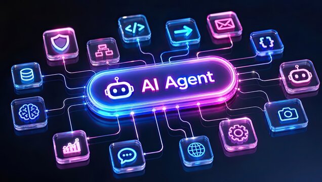 AI Agent glowing neon digital interface button surrounded by connected smart application icons on dark glass surface representing automated artificial intelligence workflow system.