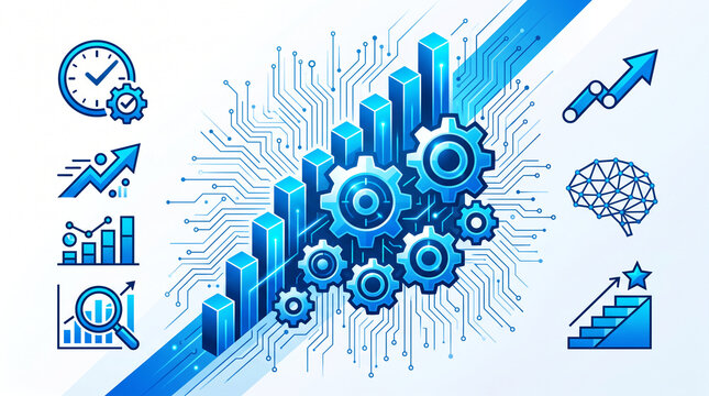 Abstract blue gears and charts symbolize growth, efficiency, and technology. A stylized brain signifies intelligence and innovation, perfect for tech concepts.