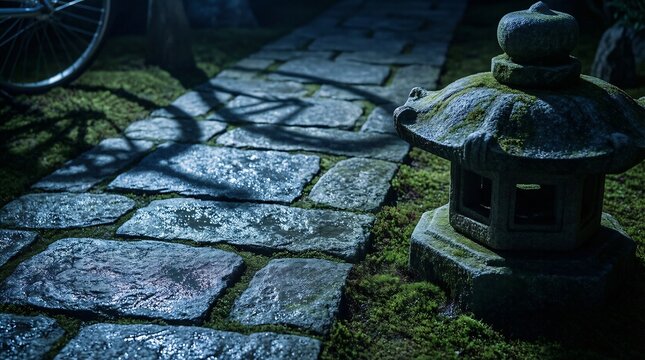 Moonlit stone path and lantern with a bicycle wheel in a night garden
