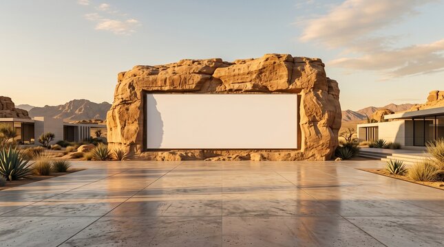 A massive natural sandstone rock formation with a giant blank white billboard screen set in a modern desert architectural plaza with clean concrete paving slabs at sunset